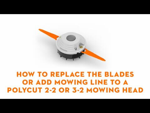 STIHL PolyCut 2-2 Mowing Head with orange blades, instructional image on blade replacement and line addition.