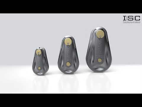 ISC 200 Series pulleys displayed in three sizes, featuring the new SafeLock system for rigging and lifting.