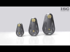 ISC 200 Series pulleys displayed in three sizes, featuring the new SafeLock system for rigging and lifting.