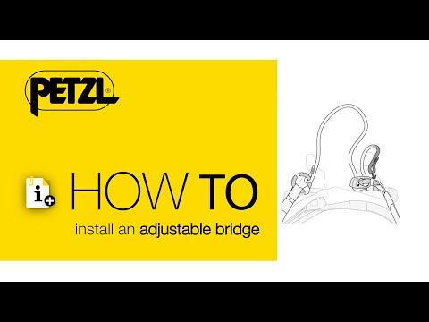 Installation guide for PETZL Adjustable Attachment Bridge for tree surgeons, featuring a harness diagram and instructions.