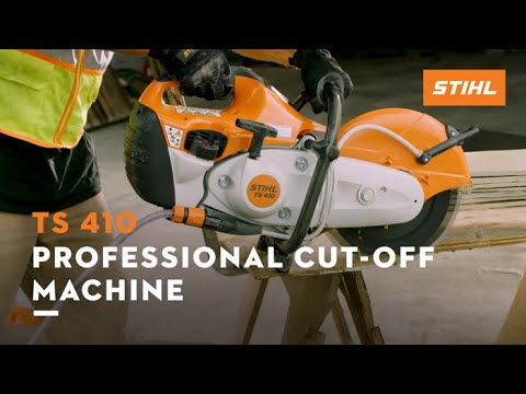 TS 410 Petrol Cut-Off Saw 12" in use for cutting wood, showcasing its professional performance.