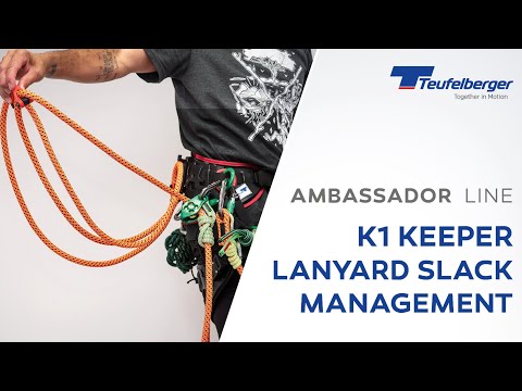 K1 Keeper Replacement Parts for optimal lanyard slack management by Teufelberger with ropes and harness setup.