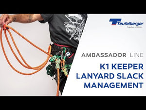 K1 Keeper Replacement Parts for optimal lanyard slack management by Teufelberger with ropes and harness setup.