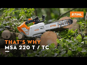 STIHL MSA 220 T cordless chainsaw resting among cut logs, perfect for tree surgeons and arborist tasks.