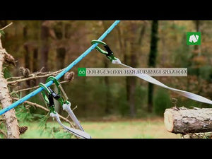 Close-up of a double-action aluminum snaphook and sling used in tree surgery for enhanced safety and efficiency.