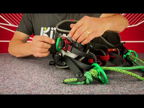 Close-up of the Kinisi PRO Tree Climbing Sit Harness, showcasing adjustable bridge and ergonomic design for tree surgeons.