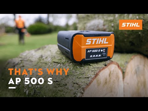 STIHL AP 500 S Battery on a log, designed for tree surgeons for ultimate power and durability.