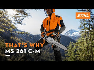 STIHL MS 261 C-M Petrol Chainsaw in use by a tree surgeon in a mountain landscape.