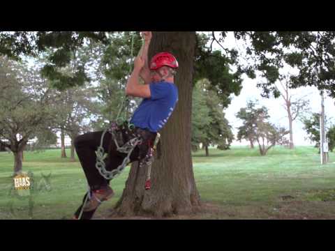 Nylon HAAS Velox Clip’N Step Boots Ascent System used by climber in action on a tree.
