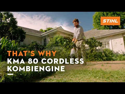 Man using STIHL KMA 80 R Cordless KombiEngine for garden maintenance, showcasing power and versatility.