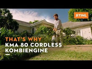 Man using STIHL KMA 80 R Cordless KombiEngine for garden maintenance, showcasing power and versatility.
