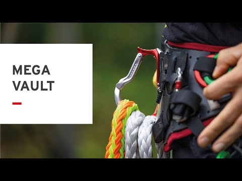 DMM Vault Locking Gate Tool Clip secured to climbing harness with ropes, ideal for tree surgeons and outdoor work.