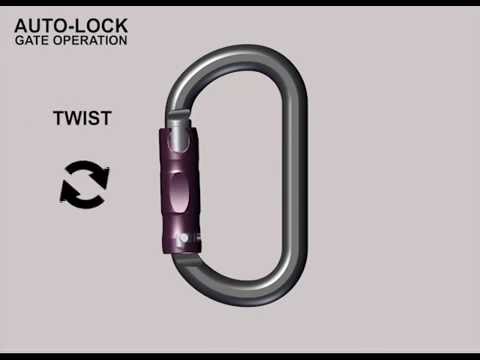 Illustration of Pirate WireEye Auto Lock Carabiner demonstrating auto-lock gate operation with twist mechanism.