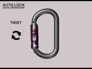 Illustration of Pirate WireEye Auto Lock Carabiner demonstrating auto-lock gate operation with twist mechanism.