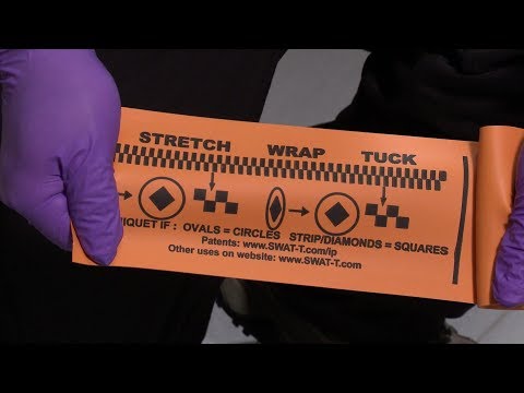 SWAT-T Rescue Tourniquet instructional guide showing stretch, wrap, and tuck steps for application.