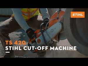 TS 420 Petrol Cut-Off Saw 14" in use, showcasing its power and efficiency for cutting tasks.