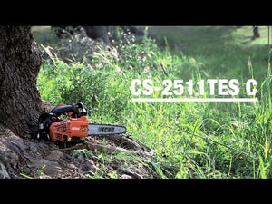 ECHO CS-2511TESC Petrol Top Handle Chainsaw 10" placed near a tree in a lush green environment.