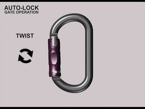 Illustration of the autolock gate operation on a Rock Exotica Pirate Wire Eye Screwgate Carabiner for tree surgeons.