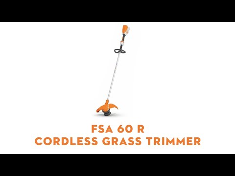 FSA 60 R Cordless Strimmer displayed with an orange design, ideal for home gardening tasks and tree surgeons.