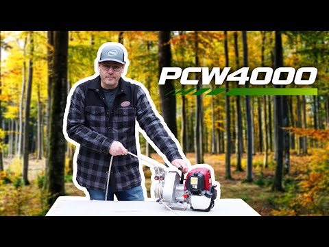 User demonstrating the PCW4000 petrol pulling winch in a forest setting, highlighting its powerful performance for tree surgeons.