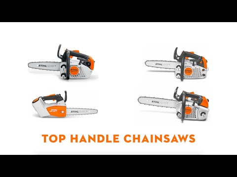 MS 194 T Top Handle Petrol Chainsaw and other top handle chainsaws displayed together.