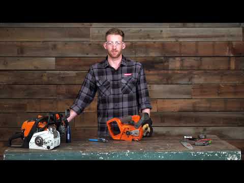 Expert demonstrating the SpeedCut Nano Conversion Kit 14" ECHO CS-2511T on two chainsaws in a workshop.