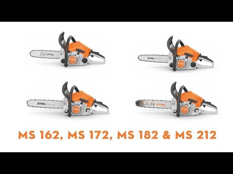 Four STIHL chainsaw models MS 162, MS 172, MS 182 & MS 212 arranged for comparison, showcasing their design.