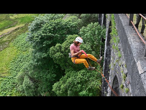 Tree surgeon descending with rope over a lush landscape, showcasing skills in rescue and climbing techniques.