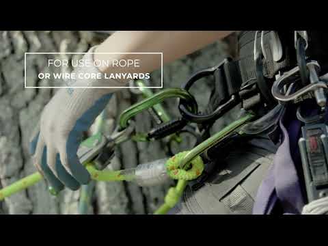 Close-up of using the Glide Rope Grab with rope and wire core lanyards for precise climbing adjustments.