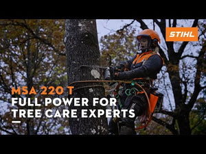 Tree surgeon using STIHL MSA 220 T cordless chainsaw for tree care in a professional setting.