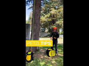Tree surgeon demonstrating PETZL tips for using mechanical Prusik near a tree, showcasing tree care equipment.