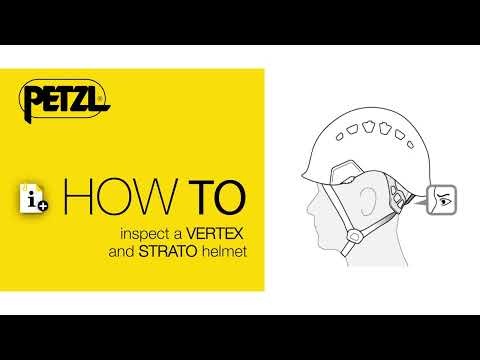 Guide on how to inspect a Petzl Vertex and Strato climbing helmet for safety and functionality.