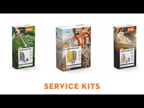 Three STIHL Hedge Trimmer Service Kits displayed in colorful packaging, showcasing essential maintenance products.