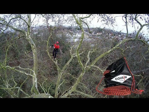 Tree surgeon climbing high in trees with Cousin Tresttec climbing rope for arboriculture.