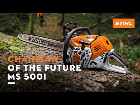 STIHL MS 500i petrol chainsaw on a log, ideal for tree surgeons and professionals seeking advanced fuel injection technology.