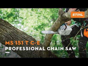 STIHL MS 151 TC-E professional chain saw in use by tree surgeon, showcasing lightweight design and efficiency.