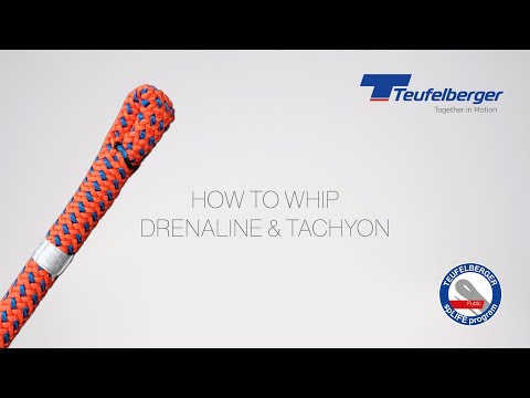 Teufelberger Tachyon climbing rope with text 'How to Whip Drenaline & Tachyon' on a professional backdrop.