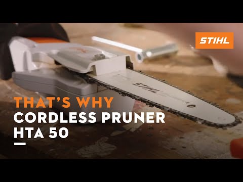 STIHL HTA 50 cordless pruner with 25 cm bar and chain, ideal for tree surgery and pruning high branches.