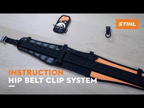 STIHL ADVANCE X-Flex Waist Belt with clip system for tree surgeons and arborists, showcasing instruction on attachment.