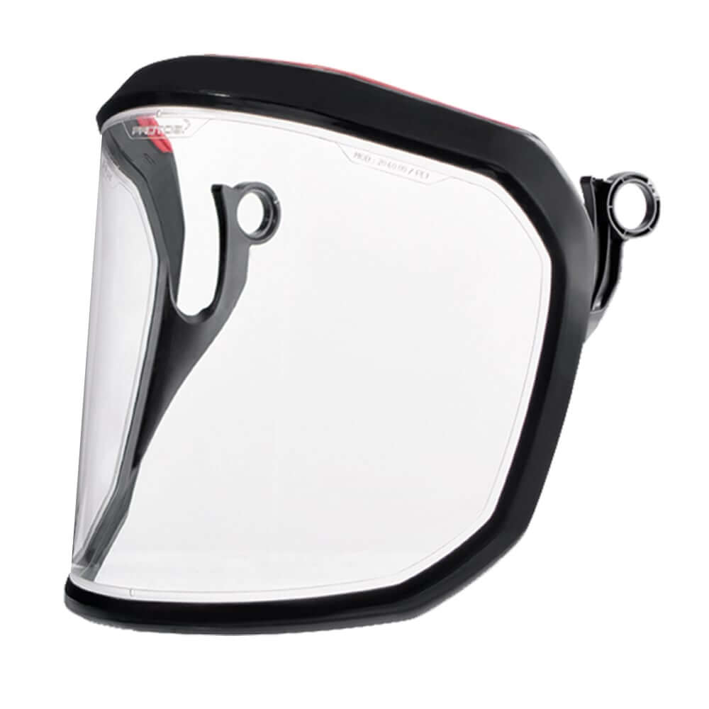 Protos Integral Clear Visor for tree surgeons, shatter-resistant polycarbonate, excellent optical clarity.