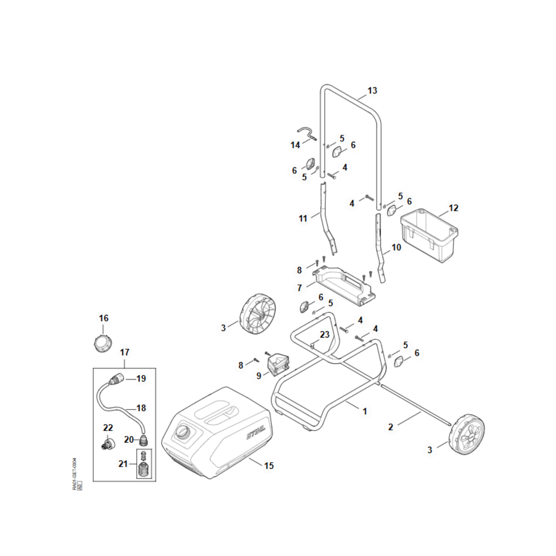 Diagram of REA 60-100 Trolley water tank spare parts, detailing STIHL genuine parts and replacements.