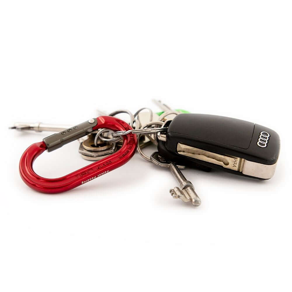 Red karabiner attached to keys and an Audi car key fob, showcasing a secure connection for everyday use.