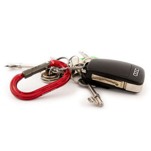 Red karabiner attached to keys and an Audi car key fob, showcasing a secure connection for everyday use.