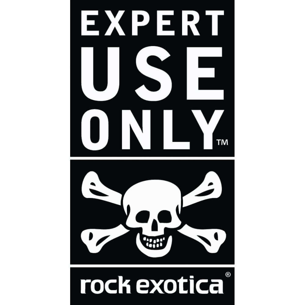 Rock Exotica Expert USE ONLY sticker for tree surgeons, dimensions 31mm x 57mm, featuring a skull and crossbones.