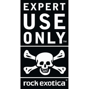 Rock Exotica Expert USE ONLY sticker for tree surgeons, dimensions 31mm x 57mm, featuring a skull and crossbones.