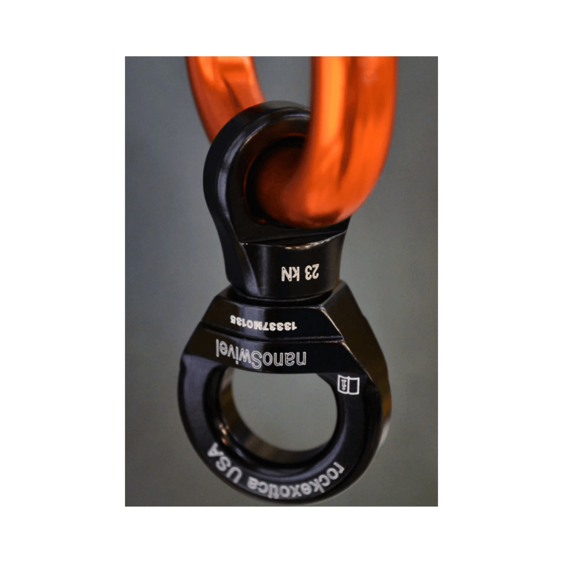Close-up of Rock Exotica NanoSwivel showcasing its ultra-light design and robust load rating.