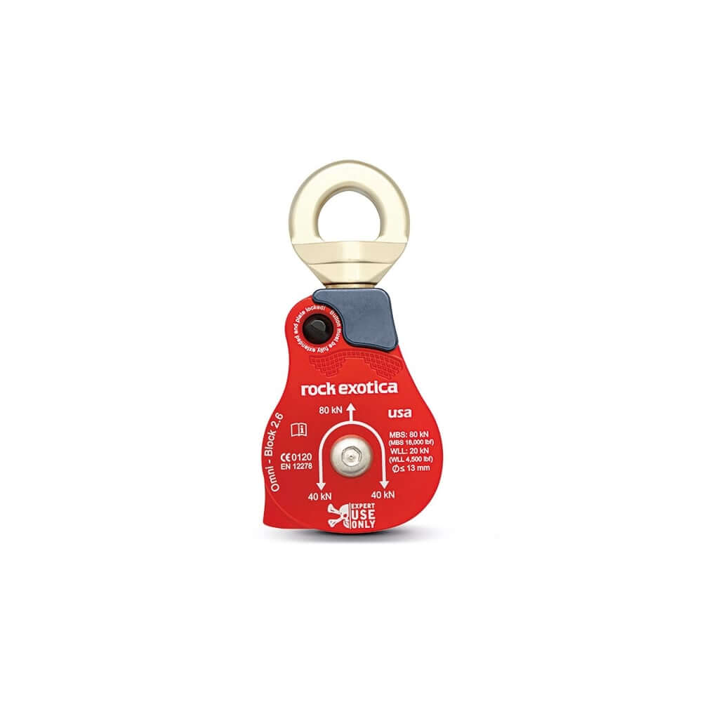 Rock Exotica Omni 2.6" single swivel pulley with 20kN WLL, designed for tree surgeons and heavy-duty rigging.