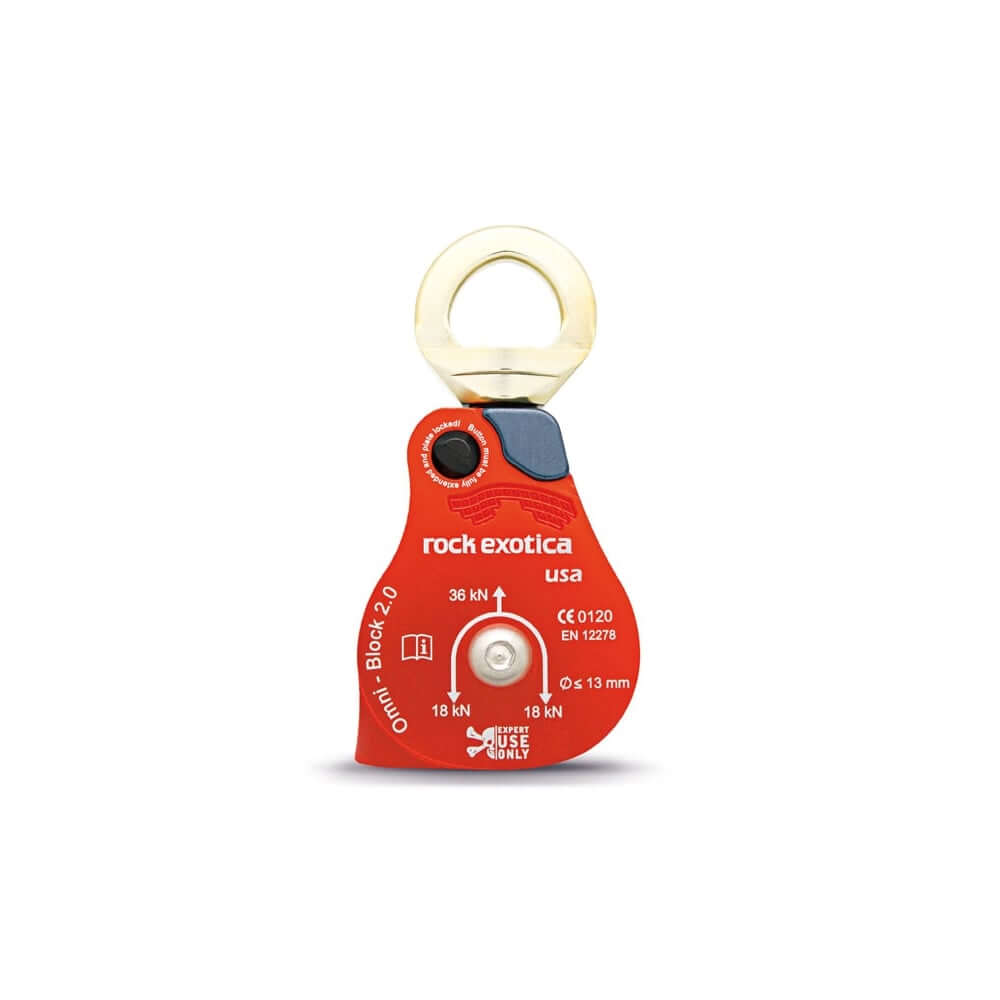Omni Block 2.0 single swivel pulley from Rock Exotica, ideal for tree surgeons with 36kN strength and 0.5" rope size.