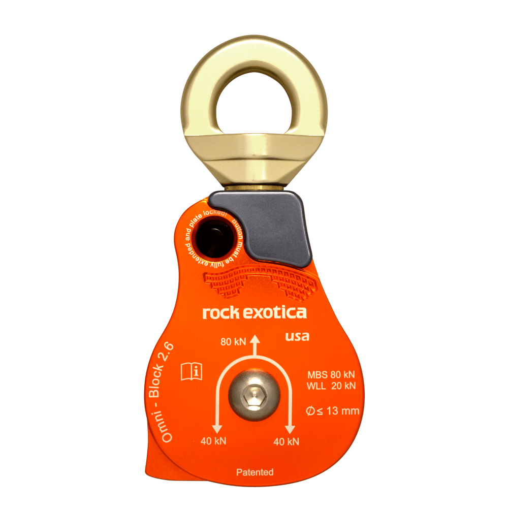 Rock Exotica Omni Block 2.6 single swivel pulley, featuring 20kN WLL, for tree surgeons and heavy-duty rigging.