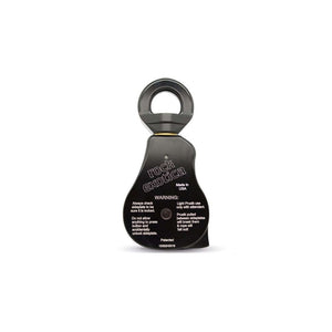 Rock Exotica Omni 2.6" swivel pulley with warning label for safety and usage instructions.